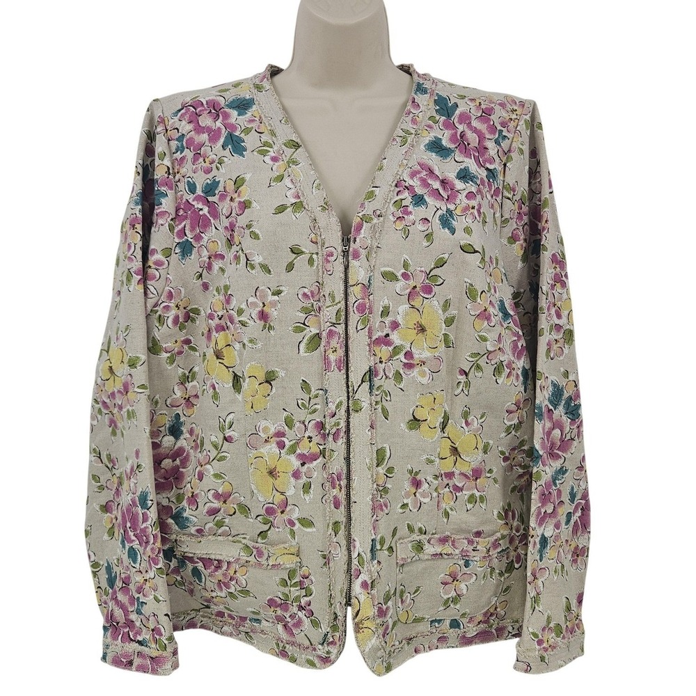 Christopher & Banks Linen Jacket Women XL Beige Floral Zip Pockets Cottagecore